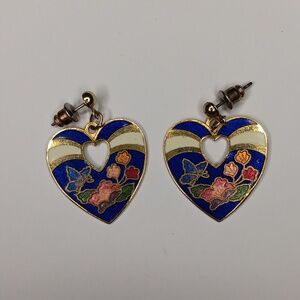 Vintage 80s cloisonne floral bunch butterfly sun rays heart earrings